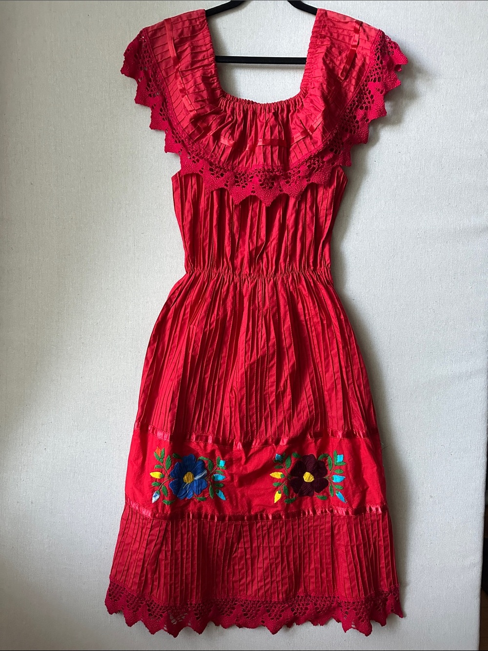Red Mexican Embroidered Midi Dress